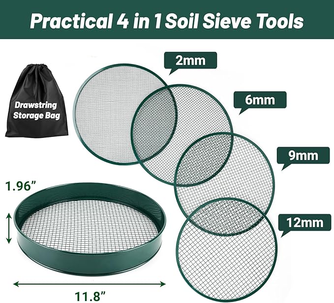 Soil Sifter for Gardening, 12" Green Soil Sifter Potting Sieve with Shovel and 4 Fine Screens for Sand Dirt, Sand, Rock, Filtration, Compost and Bonsai (5 IN1)