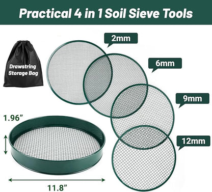 Soil Sifter for Gardening, 12" Green Soil Sifter Potting Sieve with Shovel and 4 Fine Screens for Sand Dirt, Sand, Rock, Filtration, Compost and Bonsai (5 IN1)
