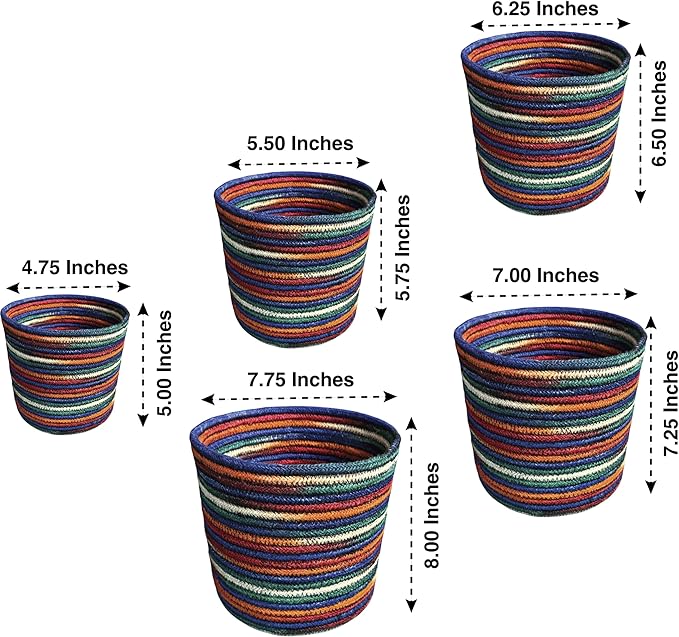 Planter Basket Set – 5-Piece Handwoven Jute Planter Basket for Home Decor, Nursery, or Indoor Plants (5'' to 8'' Diameter, 4.75'' to 7.75'' Height) – Fold & Wrinkle Free - Rainbow Stripe