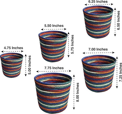 Planter Basket Set – 5-Piece Handwoven Jute Planter Basket for Home Decor, Nursery, or Indoor Plants (5'' to 8'' Diameter, 4.75'' to 7.75'' Height) – Fold & Wrinkle Free - Rainbow Stripe