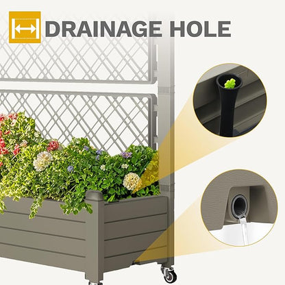 DWVO 3.6 x 1.5 x 5 FT Raised Garden Bed with Trellis, Large Outdoor Planter Trellis Box with Drainage Holes and Wheels for Climbing Plants, Light Brown