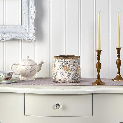 Nearly Natural 7in Ceramic Decorative Planter Tuscan Style Gray Scroll Design for Indoor Home Shelf Table Decor