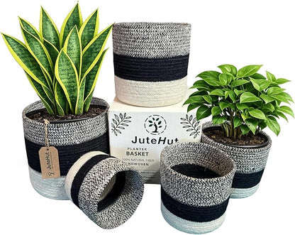 Planter Basket Set – 5-Piece Handwoven Jute Planter Basket for Home Decor, Nursery, or Indoor Plants (5'' to 8'' Diameter, 4.75'' to 7.75'' Height) – Wrinkle Free - Gray, Black & Natural Stripe
