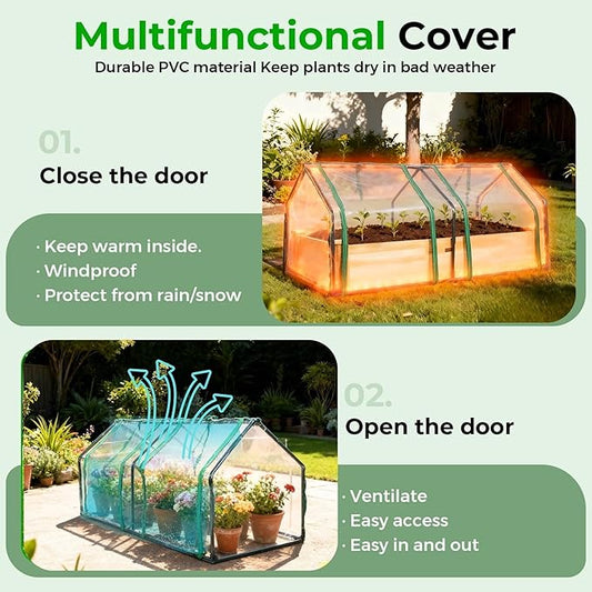 4x2ft Raised Garden Bed with Greenhouse Cover,Wooden Planter Box with Clear PVC Cover & Dual Roll-Up Windows,Outdoor Elevated Garden Box for Vegetables/Herbs/Flowers,Patio,Balcony,Backyard