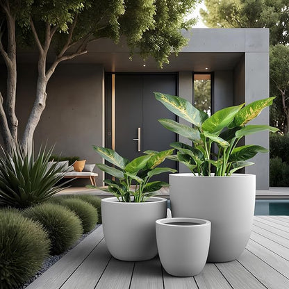 Kante Round Concrete Planter Set of 3, Large Outdoor Indoor Plant Pots with Drainage Hole, 10/14/18-Inch Diameter Flower Pots for Patio, Garden and Home, White