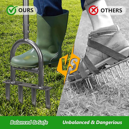 2-in-1 Lawn Aerator Tool - Adjustable Height with 4 Hollow Aeration Tines, High-Strength Anti-Rust Carbon Steel, Foot-Operated Weed Puller & Lawn Aerator for Garden Lawn Care & Compacted Soil Aeration