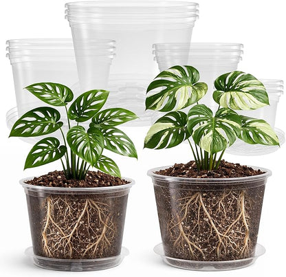 12 Pack 10/8/6/5 Inch Reinforced Large Clear Nursery Pots with Sacuers, Transparent Variety Pack Plastic Plant Pot with Drainage Holes for Vegetable Propagation, Root Cutting, Seed Starting
