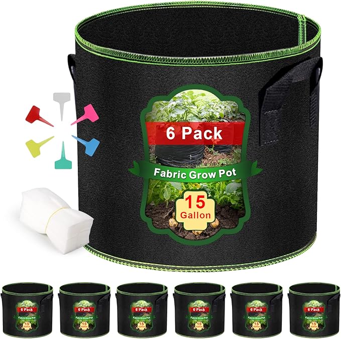 15 Gallon Grow Bags, Garden Plant Bags with Handles, Thickened Nonwoven Fabric Aeration Planting Pots, Vegetable Gardening Fabric pots with Plant Tags & Seedling Bags(6Pack Potato Grow Bags)