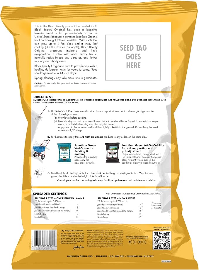 Jonathan Green (10315) Black Beauty Original Grass Seed Blend - Cool Season Lawn Seed (25 lb)