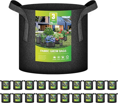 iPower 20-Pack 3 Gallon Grow Bags 300G Thick Nonwoven Aeration Fabric Pots Heavy Duty Plant Containers with Handles for Garden Planting, Black