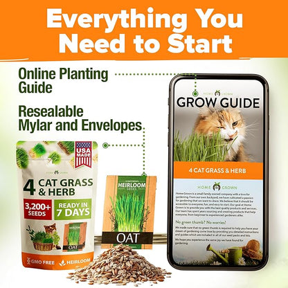 Home Grown 3200+ Indoor Cat Grass Refill – Non-GMO USA Grown Catnip, Oat & Alfalfa Seeds – Cat Grass Kit Replacement – Fast-Growing Pet Grasses for Cats’ Digestion & Hairball Relief