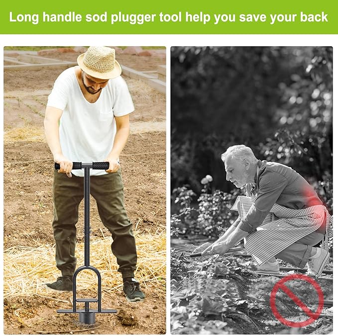 Dolibest Sod Plugger Tool, Grass Plugger Tool with Dual Pedals & Foot Ejector, Bulb Planter W/Sharp Serrations and Non-Slip Soft Grip Handle, for Lawn Planting Bulbs and Grass Repair, Easy Assembly