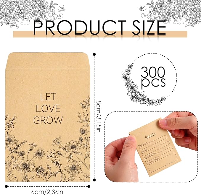 300 Pieces Seed Envelopes 3.15 x 2.36in Seed Packets Envelope with Preprinted Small Envelope Collecting Template for Flower Vegetable Seeds Storage