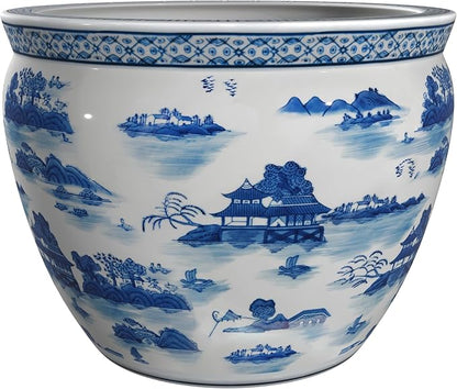Red Lantern 14" Landscape Blue & White Porcelain Fishbowl Planter or Cachepot for Indoor/Outdoor Use in Garden Entryway Living Room Boho Eclectic Modern Contemporary Classic Traditional Style Decor