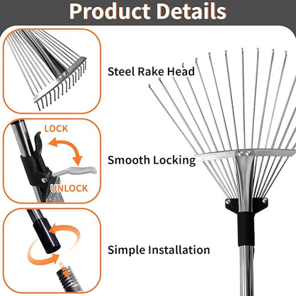 2 Packs Garden Rake for Leaves – Heavy Duty Metal Leaf Rake for Lawns with Adjustable Handle (33"-69") & Expandable Head (8"-15") – Durable for Lawn, Shrub, Garden Beds – Essential Gardening Tools