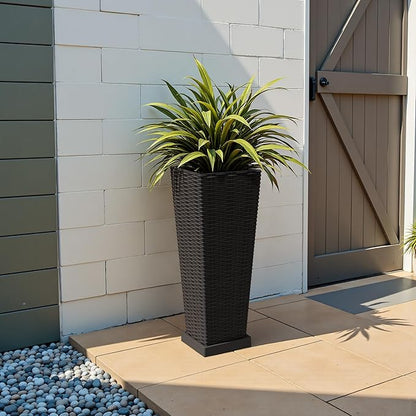 JUMMICO Set of 2 Resin Rattan Tall Planters for Outdoor Plants, Large Tapered Planters with Drainage Holes, Inner Trays and Outer Saucers, Flower Pots for Garden, Patio, Porch, Backyard (Black, 24")