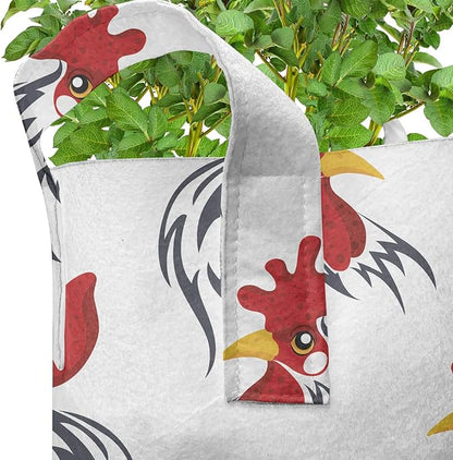 Ambesonne Rooster Grow Bags 5-Pack, Farm Animal Head Symbols, Heavyduty Fabric Pots with Handles for Plants, White Vermilion