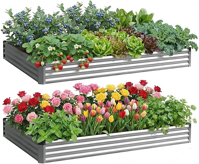2PCS 6x3x1 FT Rectangle Metal Raised Garden Bed Kit, Elevated Garden Planter Box Outdoor, Large Planters for Outdoor Plants, Flower, Vegetables, Fruit, Herbs (Silver)