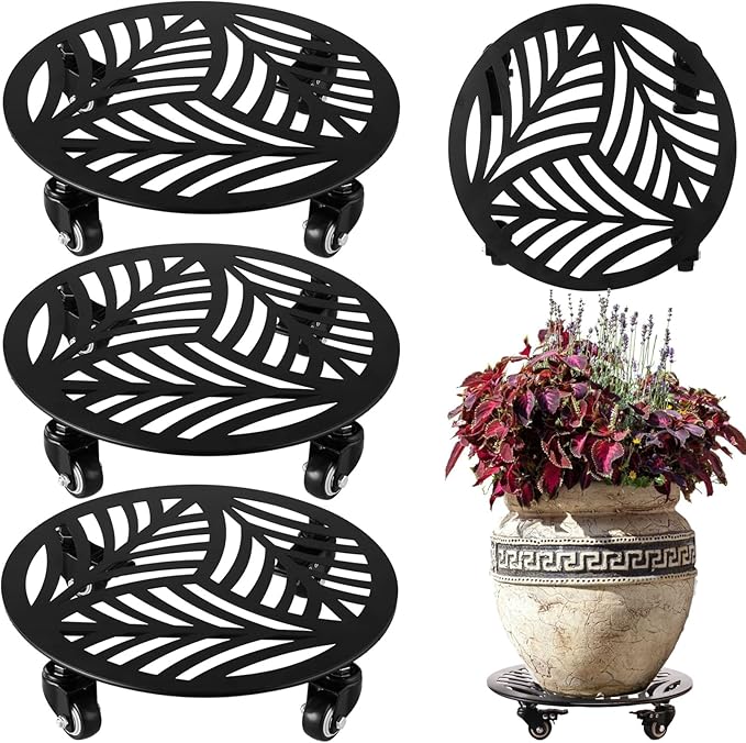 3 Packs Large Metal Plant Caddy with Wheels 13 Inches Heavy-duty Wrought Iron Rolling Plant Stands with Casters Indoor Outdoor Planter Roller Base Plant Movers Black, Strong Load Capacity