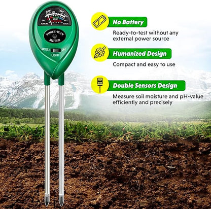 Soil Tester for Garden, Soil pH Meter 3-in-1 Soil Test Meter for Moisture/Lighting/pH, Soil Moisture Meter for Potting Soil, Farm, Lawn, No Battery Required