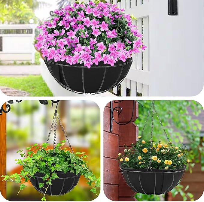HKZ Hanging Planter Basket Liners - 2 Pack 14 Inch Round Fabric Liners for Hanging Baskets, Replacement Coco Fiber Liner, Durable Non-Woven Liners for Hanging Baskets Planters Flowers, Plants (Black)