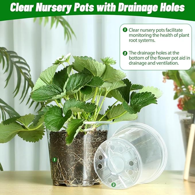 24 Pack 10/8/6 Inch Large Clear Nursery Pots with Drainage Hole, Plastic Plant Pots for Seedlings Flowers Succulents Vegetable, Indoor Outdoor Gardening (6/8/10 Inch-24Pack)