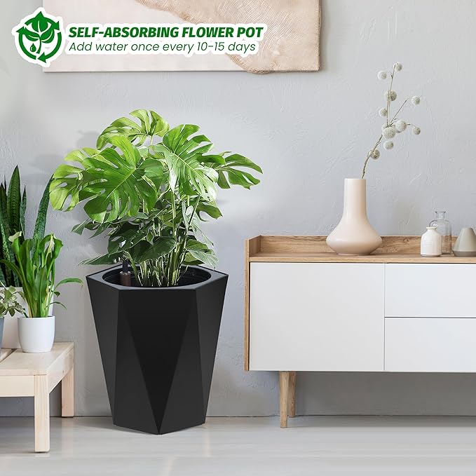 GarveeLife 16 in Tall Diamond Planters Set of 2, Self Watering Planters with Water Level Monitor, Flower Pots Outdoor and Indoor for Patio, Porch, Living Room, Home Office, Black