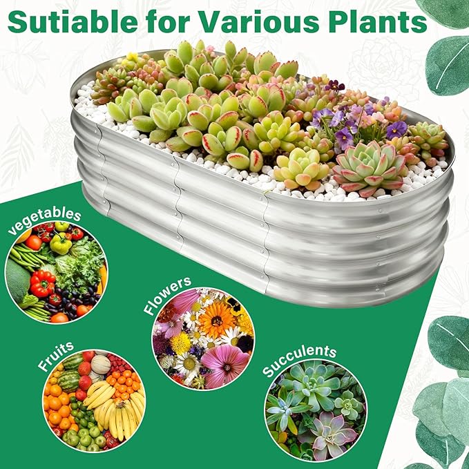 TATAANTY Galvanized Raised Garden Bed for Outdoor: 4X2X1ft Durable Metal Vegetable Plant Container Kit - Oval Planter Box for Gardening Flower Trough