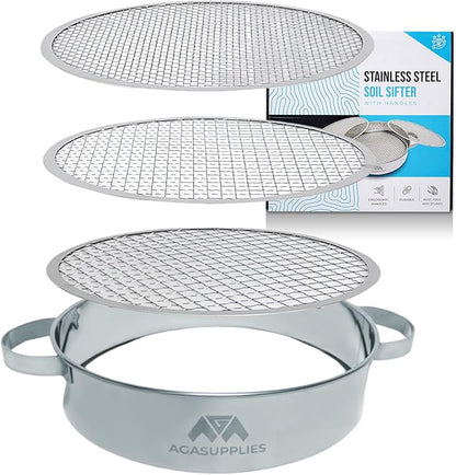 Soil Sifter Set with Handles & 3 Replaceable Mesh Sifters – 30 Cm Stainless Steel Soil Sifter for Gardening, Compost & Bonsai – Large Garden Sifting Tray for Topsoil, Rocks & Sand – Mesh Sieve Set