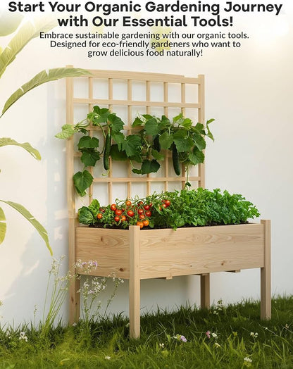 GarveeLife Raised Garden Bed with Trellis, Wood Elevated Planter Box Stand with Leg and Black Planter Liner, Standing Raised Planter Box for Climbing Flower Vegetable Herb