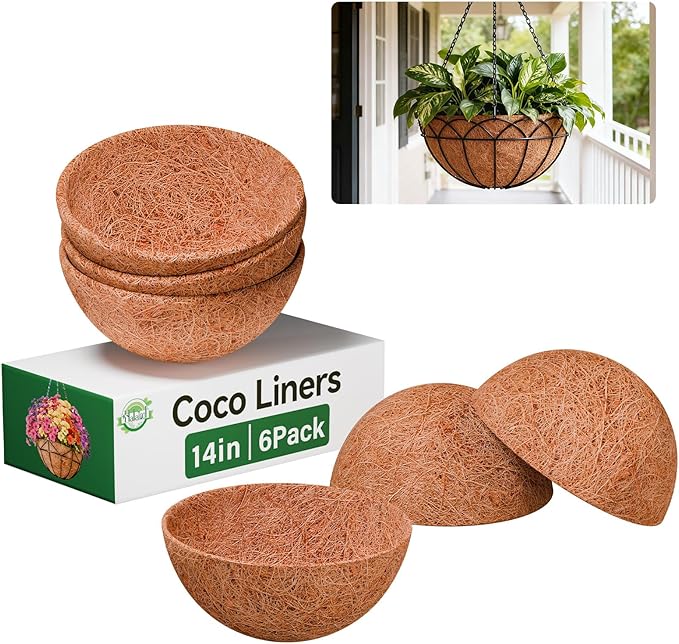 Halatool 14 Inch Hanging Basket Coco Liners Replacement, Round Coconut Liners for Planters Baskets, Made of 100% Natural Coco Fiber for Flowers Vegetables Garden, Drainage & Retain Moisture (6 Pack)