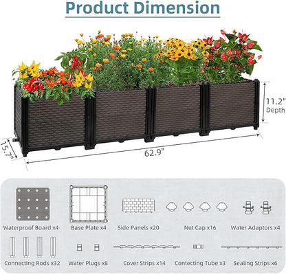 Large Raised Planter Box Outdoor Self Watering 62.9"x15.7"x14.2" , Deep Raised Garden Bed - Elevated Garden Box with Drainage Plug, Rectangular Garden Planter Perfect for Patio Balcony Deck