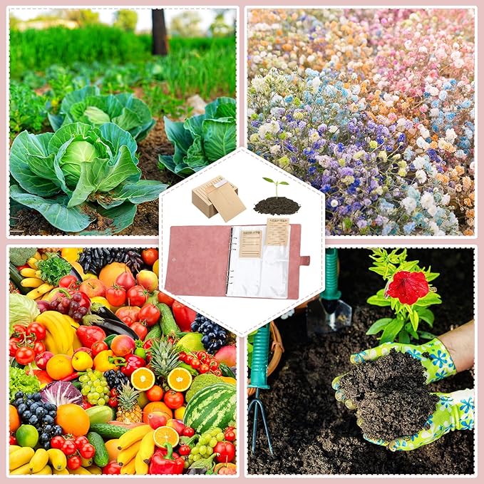 Seed Storage Organizer 35 Sheets with 140 Seed Envelopes, Resealable Garden Seed Pocket Bags Sealing Seed Packet Seed Saving Binder Vegetable Seed Collecting Template gift for Christmas Xmas holiday