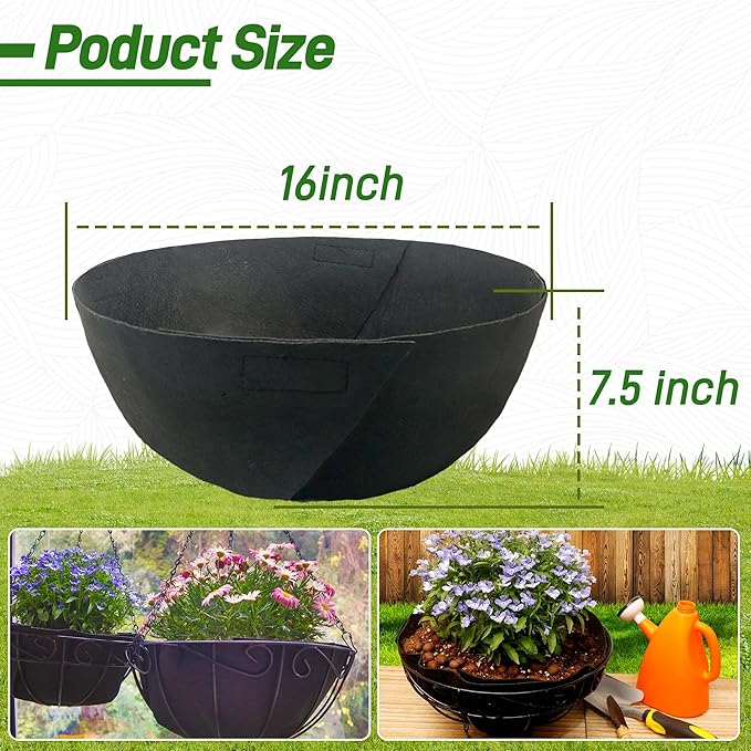 4 Pack 16 Inch Fabric Planter Basket Liner- Felt Flower Pot Liners Replacement Coco Fiber Liner for Hanging Basket Flowers Round Hanging Basket Liners Prevent Birds from Nesting