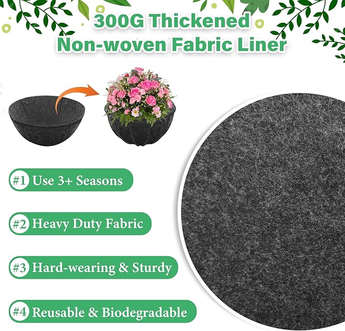 Riare 2 Pack 14 Inch Round Fabric Planter Basket Liner- Hanging Basket Liners Replacement Coco Fiber Liner Alternative for Hanging Basket Flowers (Prevent Birds from Nesting)