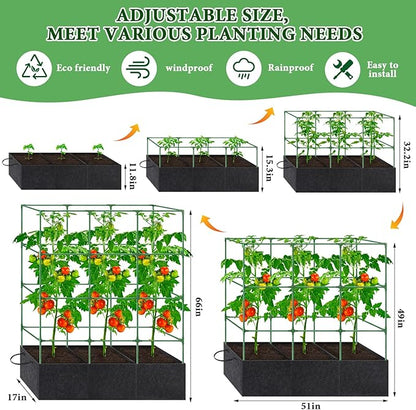 POILKMNI 66x17x49 Inch Garden Tomato Cages with 46 Gallon Grow Bags, Square Plant Support Trellis Assembled with Planter Bags, Garden Cucumber Vegetables Frames for Vertical Climbing Plants