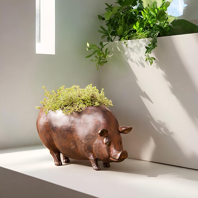 Cape Craftsmen Beautiful Springtime Classic Resin Pig Shaped Statue and Planter Pots for Indoor Plants - 14 x 5 x 6 Inches Small Planter Decoration for Homes, Apartments, Yards and Gardens