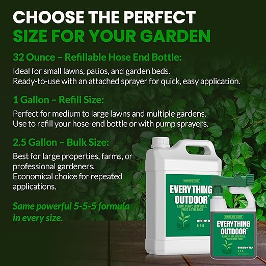 Humboldts Secret Everything Outdoor Plant Food | 5-5-5 Liquid Fertilizer with Norwegian Kelp | All Purpose Lawn, Vegetable & Fruit Food | Garden Nutrients | Refillable Hose End Bottle | 2.5 Gallon