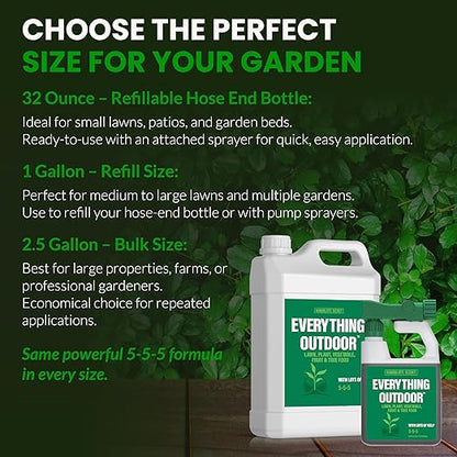 Humboldts Secret Everything Outdoor Plant Food | 5-5-5 Liquid Fertilizer with Norwegian Kelp | All Purpose Lawn, Vegetable & Fruit Food | Garden Nutrients | Refillable Hose End Bottle | 2.5 Gallon