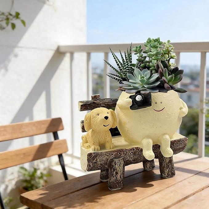 Smiley Face Planter Pot, Cute Funny Resin Bench Face Plant Pots with Drainage Hole, Unique Head Succulent Planter for Indoor Outdoor Flower Gifts for Plant Lovers