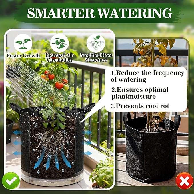 5 Pack 7 Gallon Self-Watering Grow Bags, Thick Nonwoven Fabric Pots with Support Rings and Reinforced Handles, Self-Watering Planters with Bottom Reservoir for Tomatoes Peppers Potatoes and Vegetables