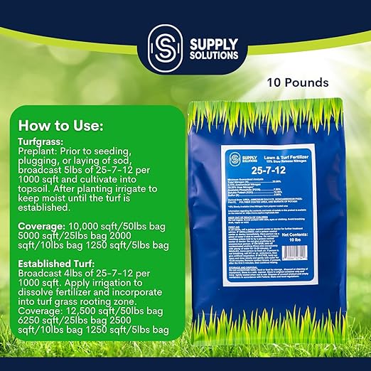 Supply Solutions 25-7-12 Lawn and Turf Fertilizer - 15% Slow Release Nitrogen Lawn Fertilizer for All Grass Types, Shrubs - Turf Builder Plant Food Covers 2,500 sq.ft (10lbs)