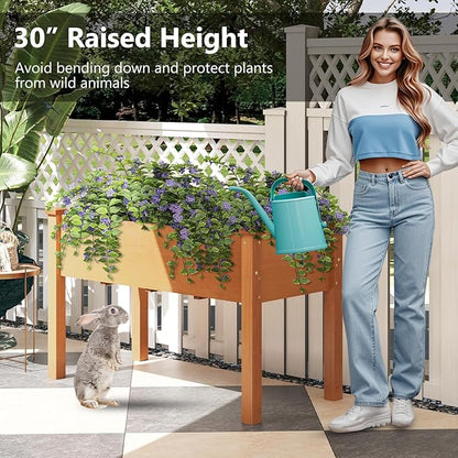 HAPPYGRILL Raised Garden Bed, Outdoor Wood Garden Box w/Legs, Drainage Holes, Black Garden Liner Fabric, Solid Wood Frame, Elevated Planter Box for Backyard Patio Balcony, 49” x 23” x 30” (L x W x H)