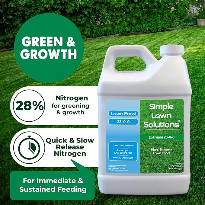 Maximum Green & Growth Fertilizer High Nitrogen 28-0-0 Lawn Food Liquid Fertilizer- Spring & Summer- Any Grass Type- Simple Lawn Solutions - Concentrated Quick & Slow Release Formula (64 Ounce)