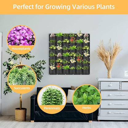 Hanging Planting Grow Bags, 36 Pockets Hanging Vertical Wall Planter Wall Mounted Grow Bag Outdoor Indoor Gardening Vertical Greening Flower Container, Planting Bags Storage Bags(1.0 m × 1.0 m, Black)