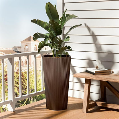 FONTOI 23.6" Tall Planter for Outdoor Plants Set of 2 Large Outdoor Plastic Striped Flower Pots, Front Porch Furniture, Garden Pots, Decorative Planters for Indoor/Outdoor, Patio, Balcony, Brown