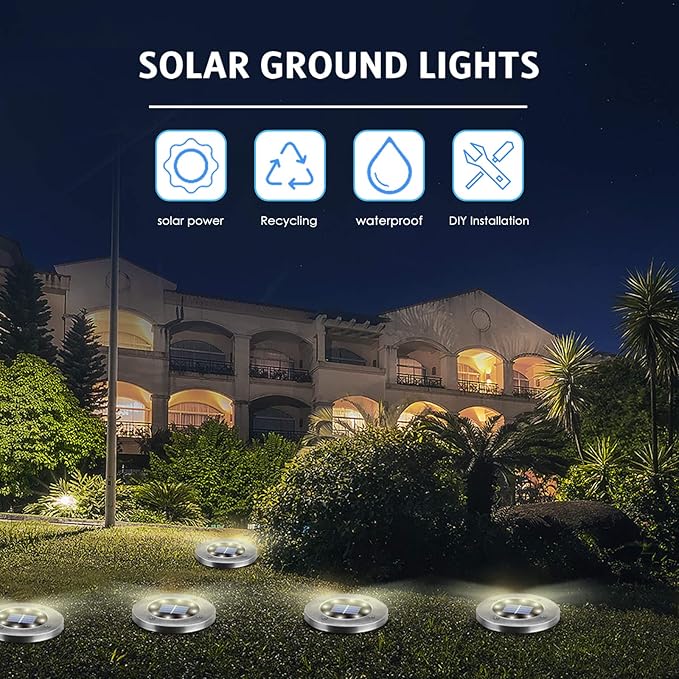 Solar Lights Outdoor Waterproof,12Pack Durable Solar Ground Lights for Landscape Lighting, Decorative Disk Lights for Outside Garden, Patio, Pathway and Yard (White Light)