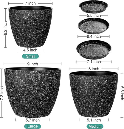 Vanavazon Plant Pots 9/8/7 Inch Set of 3 Flower Pots Indoor Outdoor Plastic Planters with Drainage Hole and Tray (Speckled Black)