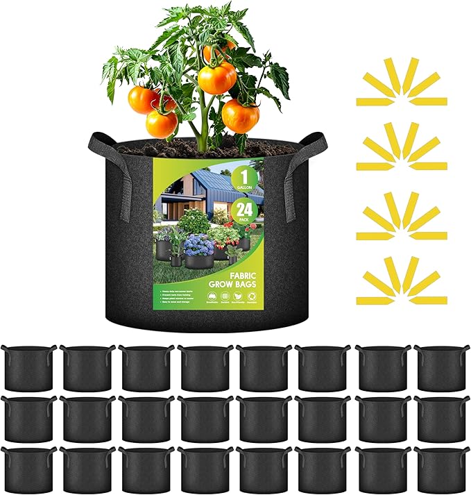 iPower 24-Pack 1 Gallon Grow Bags Heavy Duty Thickened Aeration Nonwoven Fabric Pots with Nylon Handles and 24 Labels for Planting Vegetables, Fruits, Flowers, Black