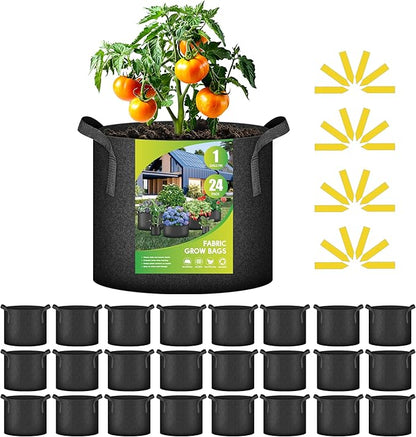 iPower 24-Pack 1 Gallon Grow Bags Heavy Duty Thickened Aeration Nonwoven Fabric Pots with Nylon Handles and 24 Labels for Planting Vegetables, Fruits, Flowers, Black